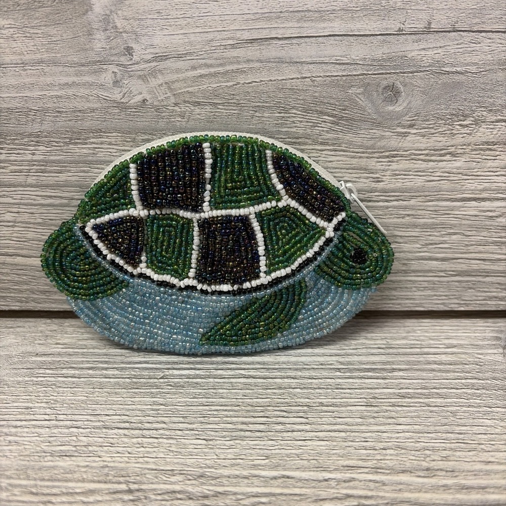 Beaded Turtle Coin Purse Blue & Green Small SUPER CUTE! (e9)